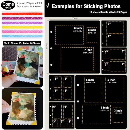10 Sheets Double Sided 9.84 x 10.24 inch Refill Pages - Acid Free Additional Thick Craft Paper Cardboard for All Series ADVcer 10x10 Three-Ring Loose-Leaf Binder Photo Album Scrapbook (Black) - color: Black