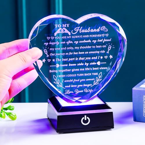 YWHL Gifts for Husband from Wife with Colorful LED Base Anniversary Birthday Gifts for Husband to My Husband Crystal Heart keepsake I Love You Gifts for Him on Valentine Christmas Fathers Day - style: Husband Gifts+ LED Base Style 1