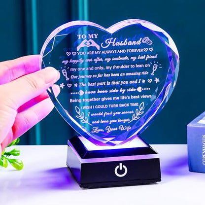 YWHL Gifts for Husband from Wife with Colorful LED Base Anniversary Birthday Gifts for Husband to My Husband Crystal Heart keepsake I Love You Gifts for Him on Valentine Christmas Fathers Day - style: Husband Gifts+ LED Base Style 1