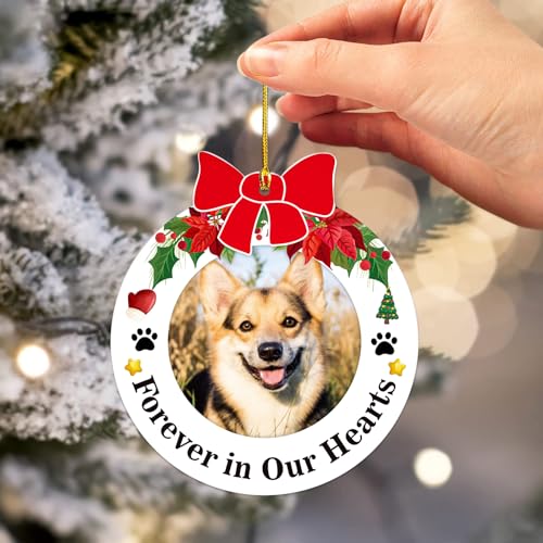 JUESMOS Dog Picture Frame Memorial Christmas Ornaments 2025 Dog Memorial Photo Ornaments for Christmas Tree Forever in Our Hearts Remembrance Gifts Sypathy Gifts for Loss of Dogs Pet Cat