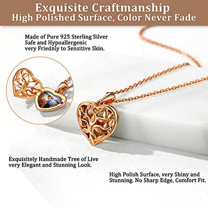 Bestyle Sterling Silver Heart Locket Necklace for Women, Dainty Cute Small Heart Locket Pendant in Gold/Rose Gold/Silver, Love Statement Jewelry Gift for Mother Wife - color: E1. Tree of Life-Rose Gold-Locket Only, NO Custom