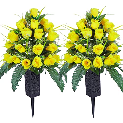 LVXINLI 2 Sets Artificial Cemetery Flowers,Outdoor Grave Decorations Roses,Beautiful Arrangements Bouquet with Cemetery Vase,Lasting and Non-Bleed Colors (Yellow) - color: Yellow