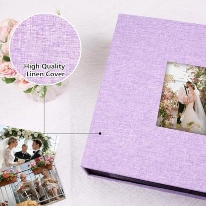 Aevdor Large Capacity 4x6 Photo Album, 1000 Photos, Linen Cover, Purple | Black Inner Pages, 3 Horizontal and 2 Vertical Pockets per Side, Front Photo Window, Family, Wedding & Travel Memories - color: Purple