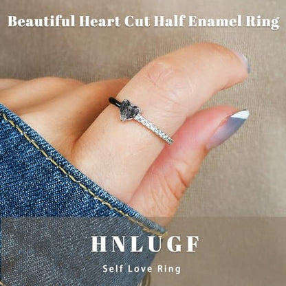 Love Me Until I'M Me Again Black Heart-Cut Half Enamel Ring, Heart Self-Love Ring, Jewelry Birthday Gifts for Women, Daughter, Wife, Friends - color: Black