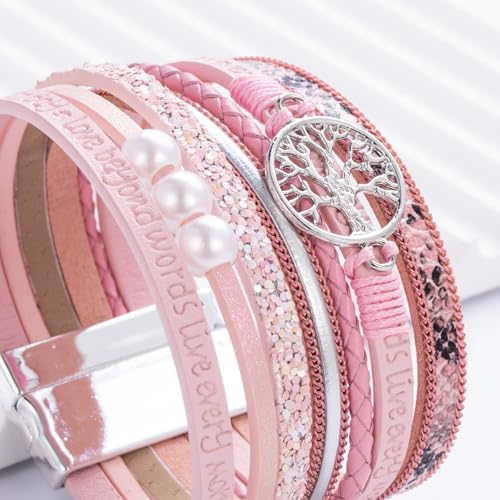 Tree of Life Inspirational Leather Wrap Bracelets Boho Western Cowgirl Cuff - color: Pink