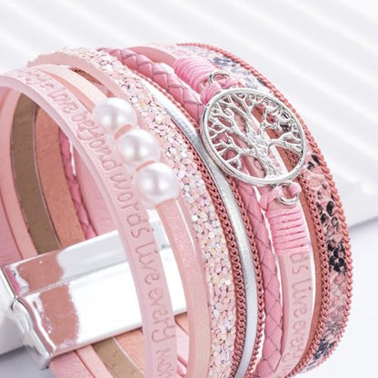 Tree of Life Inspirational Leather Wrap Bracelets Boho Western Cowgirl Cuff - color: Pink