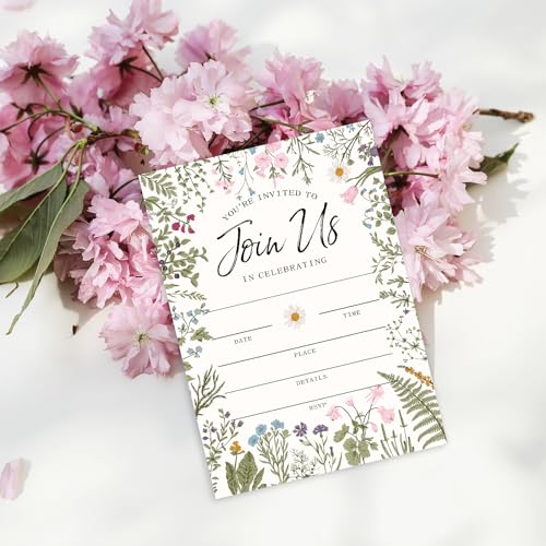 Whaline 25 Packs Vintage Floral Invitations with Envelopes and Stickers Retro Wildflower Invitation Cards Spring Fill in Blank Invites for Wedding Birthday Bridal Baby Shower Party, 5 x 7 Inch