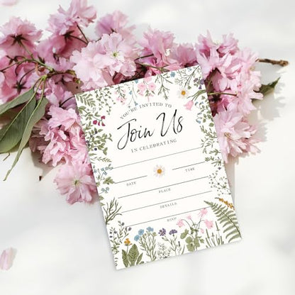 Whaline 25 Packs Vintage Floral Invitations with Envelopes and Stickers Retro Wildflower Invitation Cards Spring Fill in Blank Invites for Wedding Birthday Bridal Baby Shower Party, 5 x 7 Inch