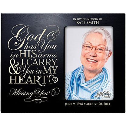 LifeSong Milestones Personalized Memorial Sympathy Picture Frame, God Has You in His Arms & I Carry You in My Heart, Custom Frame Holds 4x6 Photo, Made in USA (Black) - color: Black