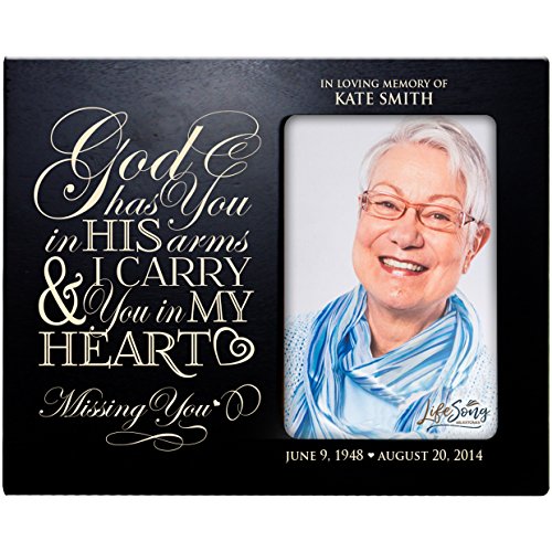 LifeSong Milestones Personalized Memorial Sympathy Picture Frame, God Has You in His Arms & I Carry You in My Heart, Custom Frame Holds 4x6 Photo, Made in USA (Black) - color: Black