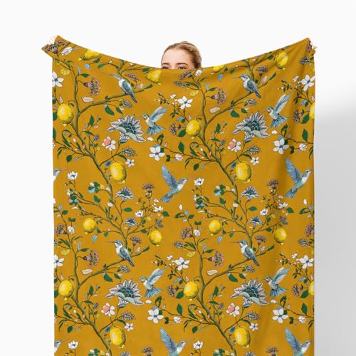 Mustard Yellow Lemon Bird Floral Throw Blanket for Couch, Cottagecore Home Decor, Chinoiserie Hummingbird Botanical Throw Blanket for Bedroom Living Room Home Decoration, 50x60 Inches - color: Color_14