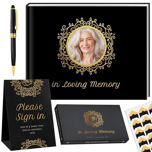 Funeral Guest Book – Black Memorial Guest Book for Funeral, “in Loving Memory” Gold Foil Sign in Book, Photo Slot Cover, 120 Pages, Pen & Stand Included