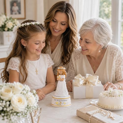 AIDLNS First Holy Communion Gifts for Girls, Plays The Lord's Prayer, Catholic Music Box Keepsake, Hand-Painted Resin White Dress Girl Figurine, Religious Collectible Decor