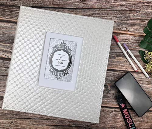 RECUTMS Photo Album 600 Pockets 4x6 Pictures Leather Wedding Albums White | Large Capacity, Horizontal Vertical Pockets, Black Pages, Graduation Family Anniversary Album, Luxury Leather Checked Texture - color: White, size: 600 pockets
