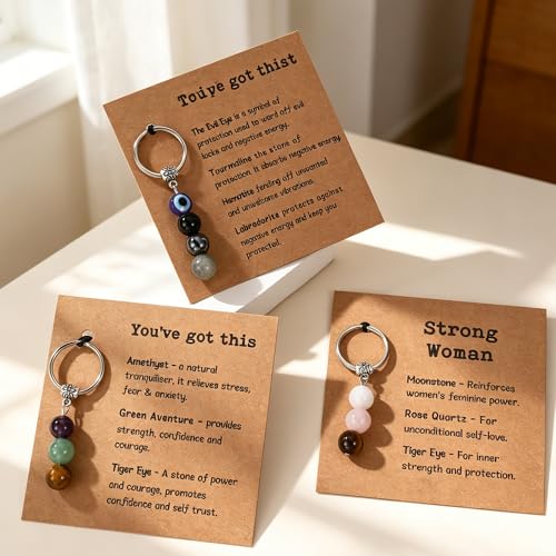 GINAZL Natural Crystals Keychain Gift, Evil Eyes Charm Keychains Inspirational Keychain for Women Bag/purse Charms - color: Grief