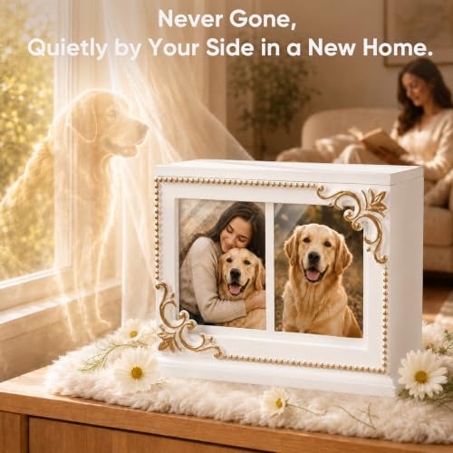 Rococo Acanthus Relief White & Gold Wood Pet Urn, Dogs & Cats Memorial Gift
