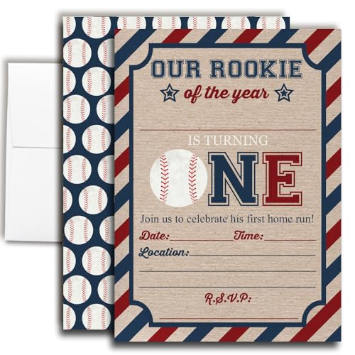 Rookie Of The Year Baseball Themed 1st Birthday Party Invitations for Boys, 20 5x7 Fill In Cards with Twenty White Envelopes by AmandaCreation - style: Rookie Of The Year Baseball