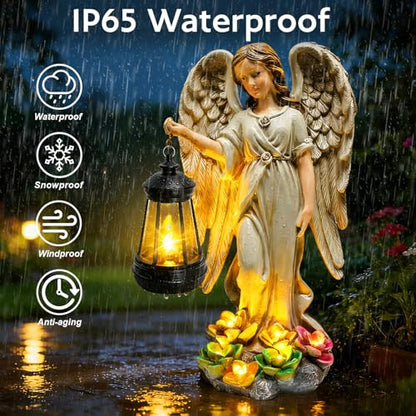 Solar Garden Statue Angel Figurine,11.8in Fairy Angel Solar Lights Outdoor | 7 LED Lights, Solar Outdoor Sculptures for Outside Balcony Patio Yard Ornament, Gifts for Women Mom, Cemetery Grave Decor - style: 1 Pack - Angel with Lantern