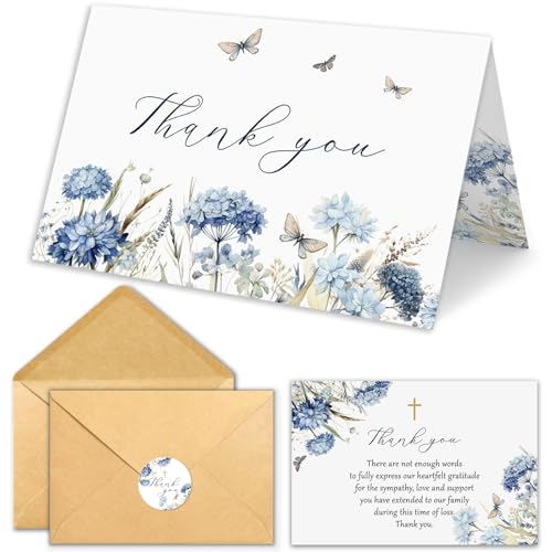 25 Pcs Funeral Thank You Cards with Envelopes, 4×6 In | Watercolor Blue Flower Design, Bereavement Cards, for Funeral Family Friends Loved Ones Celebration of Life - color: 25 Light Blue