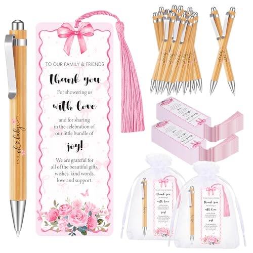 50 Sets Pink Bow Baby Shower Favors for Guests, Coquette Bow Pens Thank You Bookmarks Organza Bags for Baby Shower Party Favors Gender Reveal Gifts Souvenirs Prizes Return Gifts - color: Pink Bow