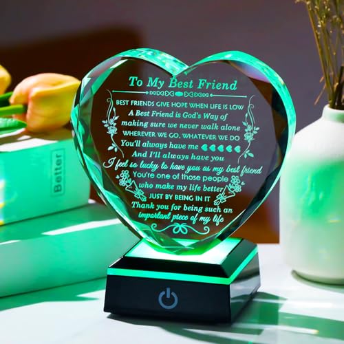 Arikyrist Best Friend Birthday Gifts with Colorful LED Base Crystal to My Best Friend Heart Gifts Friendship Gift for Women for Christmas Female Friend Gift Ideas BFF Gift for Her, Bestie Gifts - style: Best Friend Gifts 2