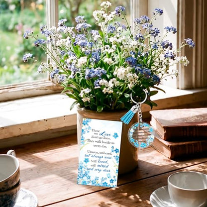 HOWAF 12 Set Funeral Favor Forget Me Not Keychains with Encouragement Card, Sympathy Gifts for Loss of Loved One Blue Flower Key Chains with Tassels for Sympathy Guest Keepsake