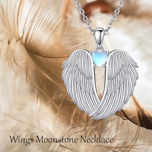 YFN Angel Wings Necklace 925 Sterling Silver Guardian Angel Wings Pendant Necklace Birthstone Necklace for Women Girls Christmas Jewelry Gifts - color: moonstone wings