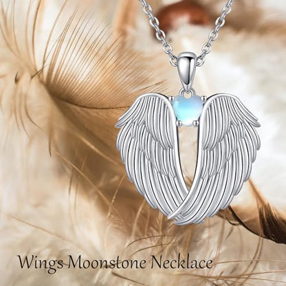 YFN Angel Wings Necklace 925 Sterling Silver Guardian Angel Wings Pendant Necklace Birthstone Necklace for Women Girls Christmas Jewelry Gifts - color: moonstone wings