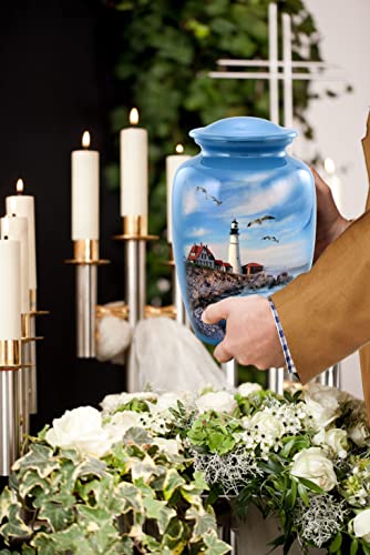 Lighthouse Urn - Full Size Portland Head Lighthouse Cremation Urn – Adult Urns for Men and Women – Ocean Blue Funeral and Memorial Urns for Human Ashes Upto 210 Lbs with Velvet Bag (Large)