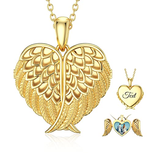 SOULMEET Angel Wing Heart Locket Necklace that Holds Picture Photo Locket Pendant You are My Angel Sterling Silver/Gold - style: B2-Solid gold angel wing locket+photo+text