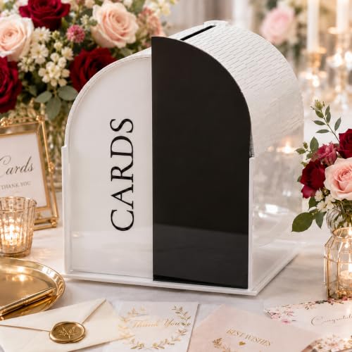White Arched Wedding Card Box with Black Standee & Erasable Pen for Party | Acrylic Wedding Card Boxes for Reception, Wide Slot, Wedding Box for Cards and Money, for Birthday Graduation Baby Shower - color: Black