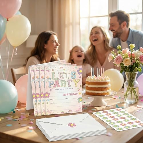 Let's Party! Birthday Invitations - Cute Flower - 20Pcs Double-Sided Fill- In Invitation Cards & Envelopes For Boys, Girls, Birthday Party Favor & Supplies 6 x 4 Inch - style: Flower
