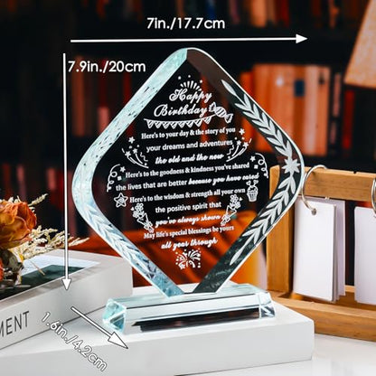 YWHL Happy Birthday Gifts for Women Men, Laser Engraved Glass Bday Plaque Gifts for Her Him Happy Birthday Decorations Unique Bday Gift Ideas for Mom Dad Grandma Wife Friends - style: Happy Birthday Gifts