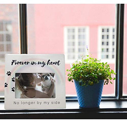 BANBERRY DESIGNS Dog Memorial Picture Frame for the Loss of Pet - Pet Sympathy Gift for Dog Loss - Rainbow Bridge Memorial Frame -No Longer By My Side Forever In My Heart - Photo Opening is 4" X 6"