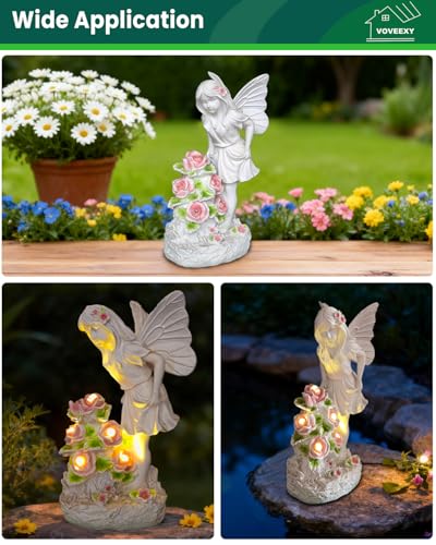 Voveexy Garden Figurines Angel Garden Statue Outdoor Decor, Solar Powered Resin Sculpture with 5 LEDs Art Decoration for Patio Lawn Yard Porch, Ornament Housewarming Gift, 11“ H