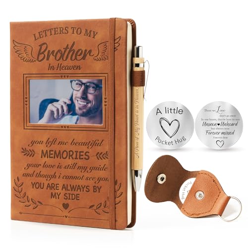 Memorial Gifts for Loss of Brother - Leather Journal A5 Notebook and Pen, Letters to My Brother in Heaven, Sympathy Gift Set with Pocket Hug PU Leather Keychain, Travel Photo Diary Memorial Day Gifts - style: Brother