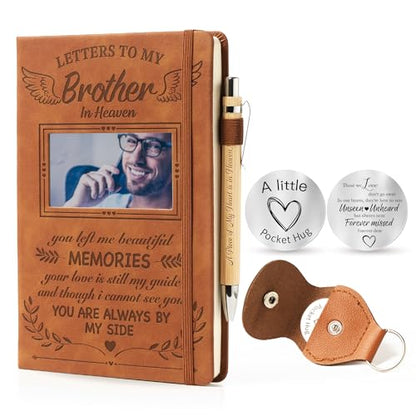 Memorial Gifts for Loss of Brother - Leather Journal A5 Notebook and Pen, Letters to My Brother in Heaven, Sympathy Gift Set with Pocket Hug PU Leather Keychain, Travel Photo Diary Memorial Day Gifts - style: Brother
