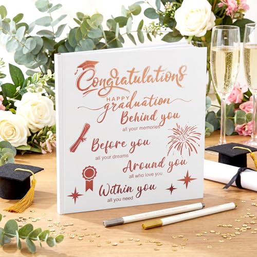2026 Graduation Guest Book 8.7'' x 8.7" with 2 Markers Congratulations Graduate Gifts Class of 2026 Picture Book Hardcover Rose Gold Foiled Photo Album for Graduation Party Supply 144 Pages - color: White, style: Blessing