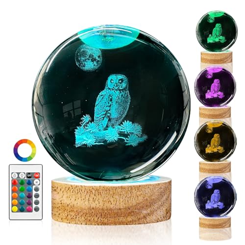 3D Owl Crystal Ball Night Light with Remote Upgraded 3.15 in Owl Figurines Glass Ball Lamp with 16 Color Wooden LED Base Owl Snow Globes Decor Gifts for Kids Teens Women - color: Owl