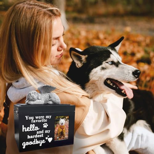 Dog Urns for Ashes Up to 100 lbs, Premium Wooden Pet Urns for Dogs with Memorial Photo Frame and Resin Statue, Dog Urn Sympathy Gift for Both Large Midium Golden Retriever, Labrador, Shepherd