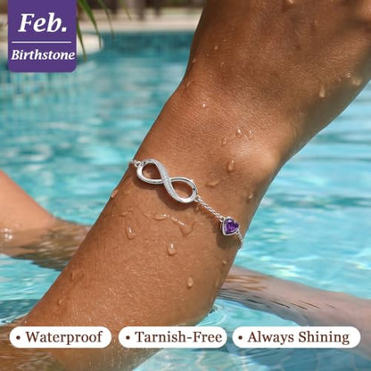 CDE 925 Sterling Silver Infinity Birthstone Bracelet Jewelry Gift for Women | Hypoallergenic,Non Tarnish,Heart CZ,Nickel-Free & Lead-Free,Anniversary Christmas Birthday Idea Gifts for Wife Girlfriend Her - color: 02-Feb