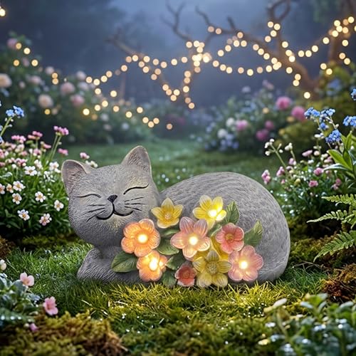 Solar Cat Garden Statue, Resin Solar Cat Lights for Outside - color: Gray With Colorful Flowers--lying Cat