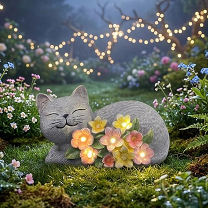 Solar Cat Garden Statue, Resin Solar Cat Lights for Outside - color: Gray With Colorful Flowers--lying Cat