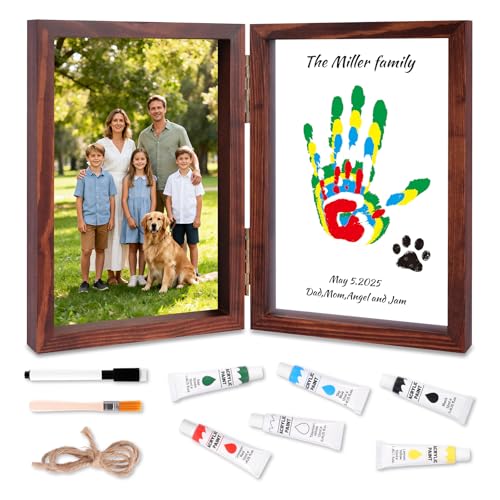 Family Handprint Kit, DIY Baby Hand and Footprint Handmade Keepsake Wooden Frame, Family Gifts with 6 Non-Toxic Baby-Safe Paint, Ideas Gift for New Parents, Grandparents, Father's Day, Mother's Day - color: Brown, size: 5 Pages Acrylic Boards
