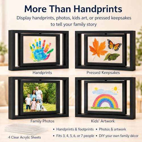 Family Handprint Frame Kit, Dual Rotating Photo & Handprint Display, DIY Keepsake Craft with Wooden Frame, Non-Toxic Paints, Baby Hand & Footprint Kit, Gift for Grandparents & New Parents (Black) - color: Black Frame, size: Dual Spin - Handprint & photo
