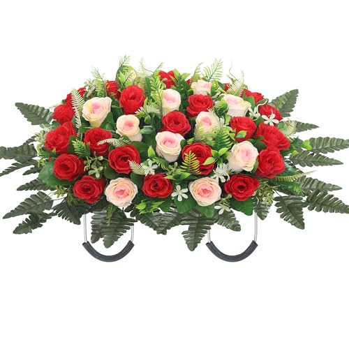 Artificial Cemetery Flower Saddles Cemetery Flowers for Grave Memorial Grave Flowers with Vases for Cemetery Decoration - color: Red