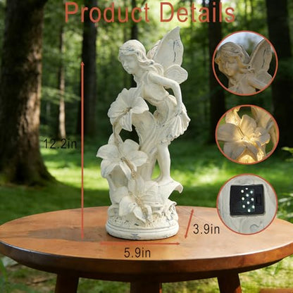 Angel Figurines Garden Statue with Solar Powered Light 12.2IN - color: Showerhead Angel