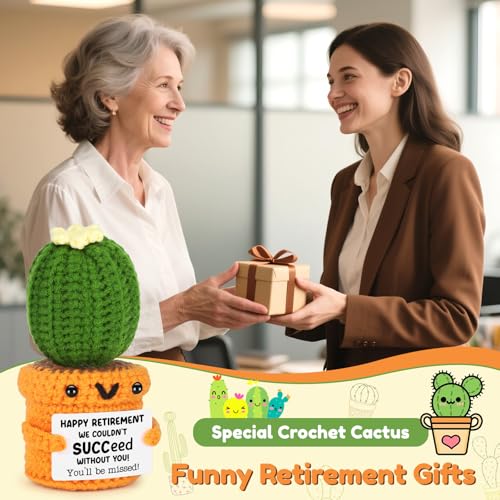 Funny Retirement Gifts for Women Men Coworker Boss Friends Teacher, 2026 Retired Gift for Woman Mom Teacher, Be Missed Cactus Crochet with Funny Card Desk Office Decor Decoration Best Happy Retirement - style: You'll be missed