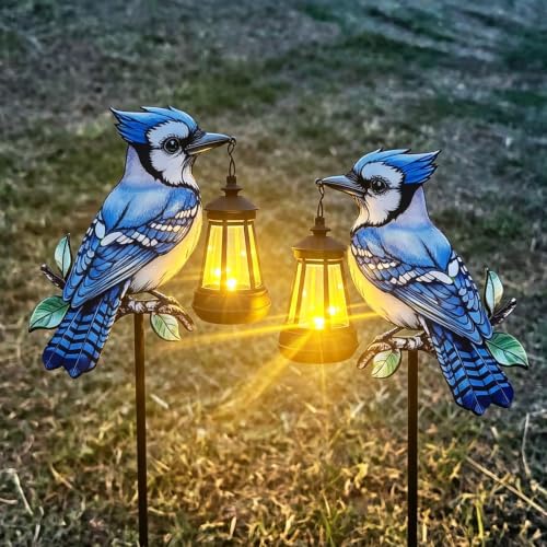 2 Pack Solar Lanterns Outdoor Decor Solar Bule Jay Lanterns Solar Cardinal Redbird Lights Metal Stake Yard Garden Decor Art Figurine Waterproof LED Lights Gifts for Mom Grandma Women(Blue Jay) - style: Blue jay