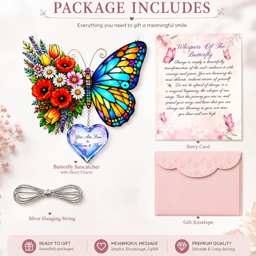 Inspirational Butterfly Gift for Women, Bloom and Fly Suncatcher with Heart Charm, Encouragement Gift for Friend, Mom, Daughter, Sister - color: Butterfly Heart Charm